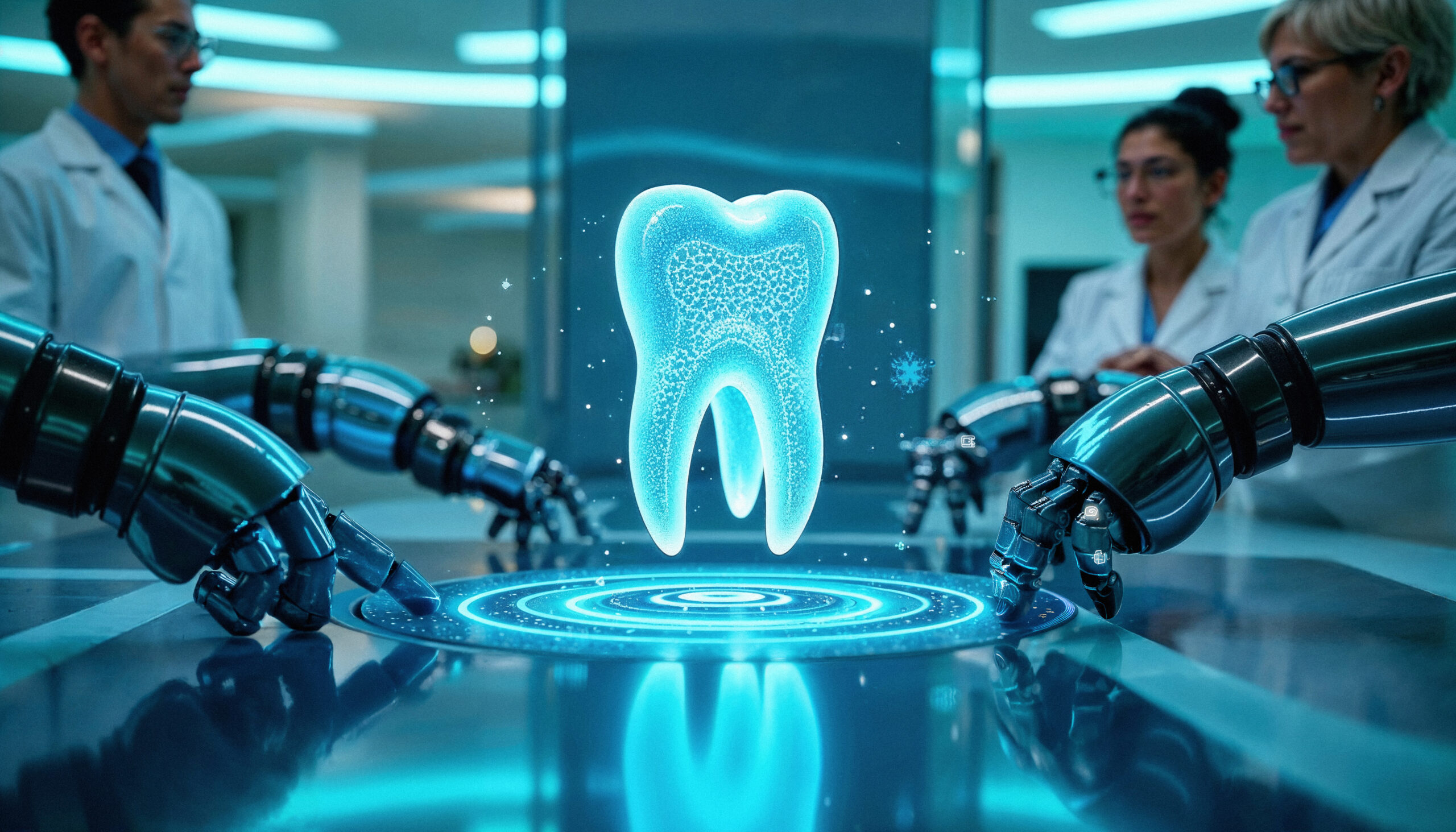 futuristic dental research holographic tooth analysis cyberpunk lab